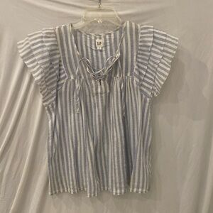 GAP blue white stripe tie front ruffle blouse size XS